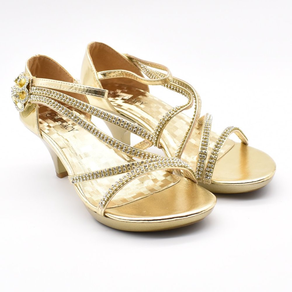 Glamorous! Faux Gold Leather Rhinestone Studded Velcro Kitten Heel Party Heels